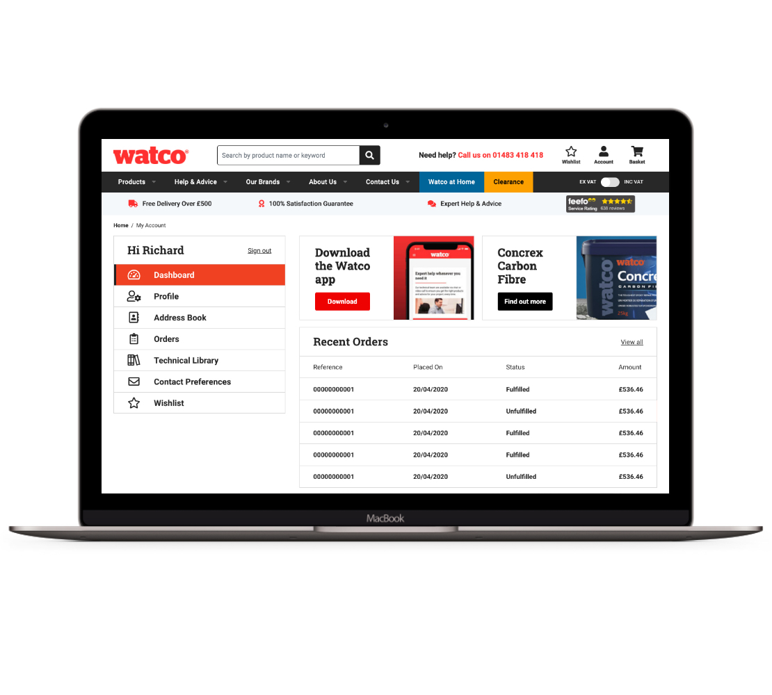 Laptop with screenshot of Watco account dashboard